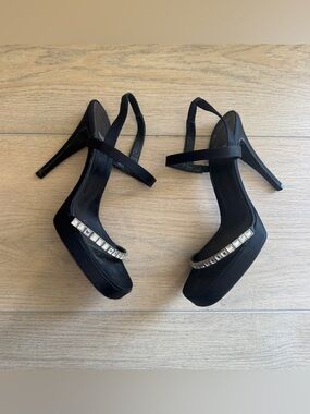 Vera Wang Rhinestone Embellished Black Satin Ankle Strap Sandals